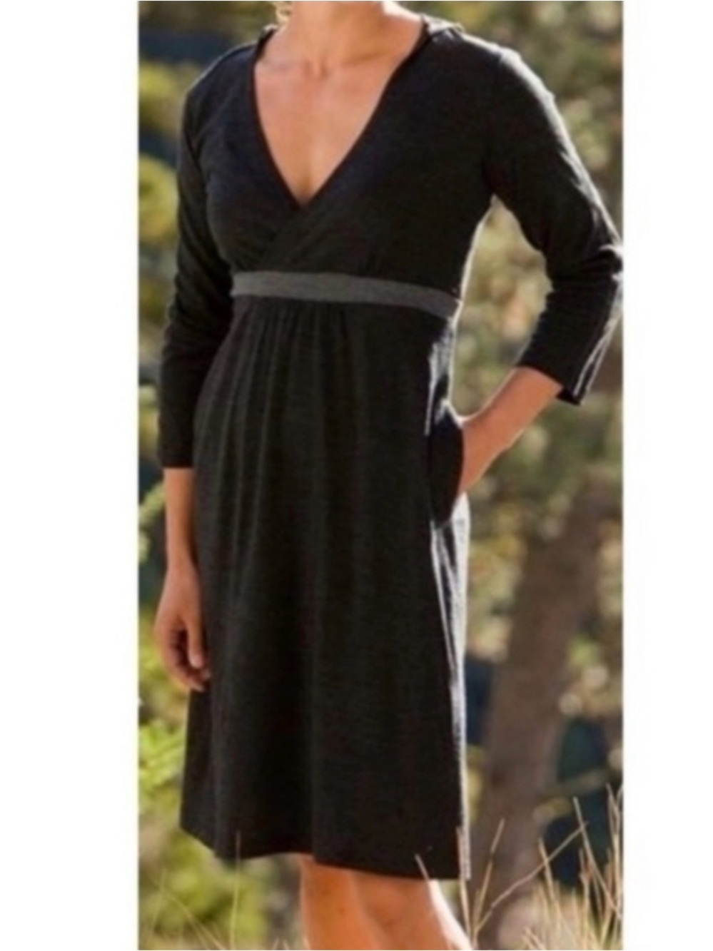 ibex Charcoal  Wool Hooded V-Neck Empire Waist Long-Sleeve Dress M